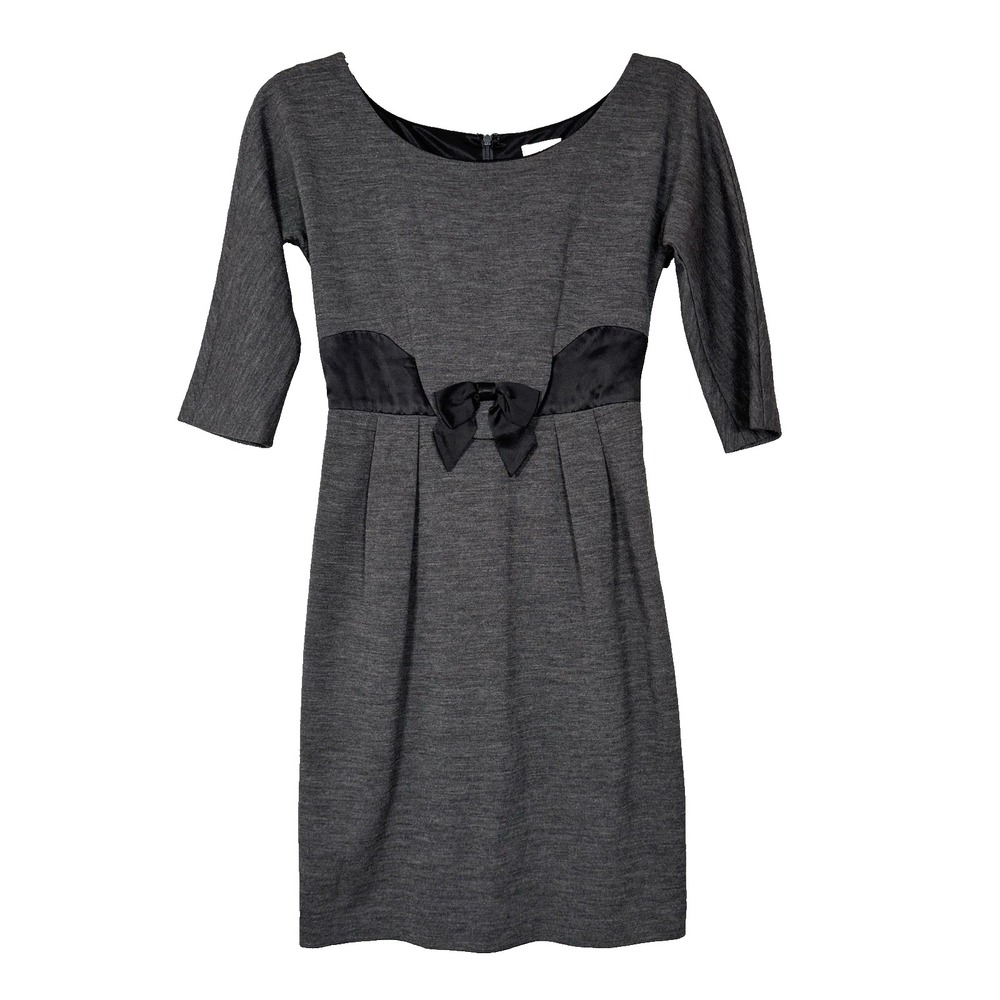 Milly Wool Knit Dress Grey Half Sleeve Bow Front Lined Sheath Knee Length Size S